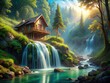 © ChannelPIC - A surreal waterfall graces a secluded cabin nestled in an idyllic, dreamy forest.
