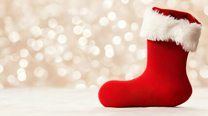 Wall Mural - Festive red Christmas stocking on white surface, bokeh lights background, holiday season gift