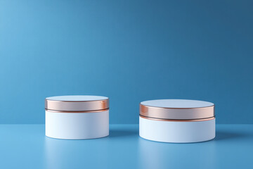 Two white containers with gold lids on a blue background.