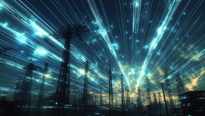 Poster - Futuristic energy transmission, digital data streams converge on power infrastructure at night.