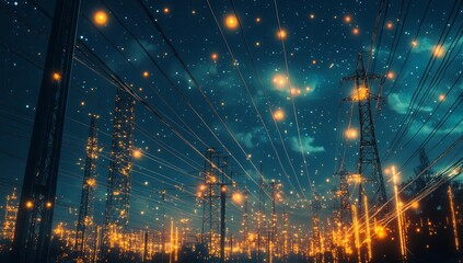 Poster - Illuminated power lines at night, resembling a starry sky.
