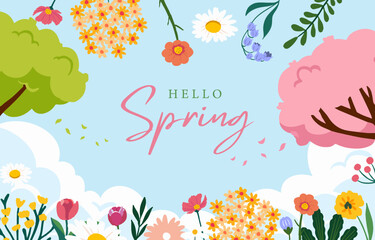 Wall Mural - spring landscape background with sky and tree for horizontal design