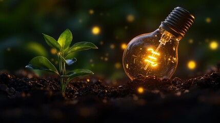 Wall Mural - A light bulb is sitting on the ground next to a plant. The bulb is lit up, creating a warm and inviting atmosphere. Concept of growth and renewal, as the plant