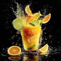 Wall Mural - Citrus juice splash, glass, oranges, limes, dark background, refreshment