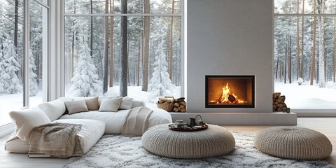 Sticker - Cozy winter living room with fireplace, snow forest view