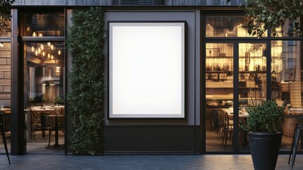 Wall Mural - A minimalist restaurant facade with a blank advertisement space and greenery.