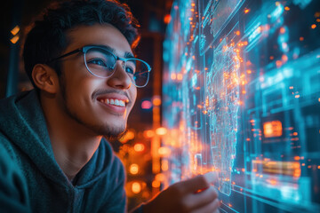 young indian man holding a holographic blueprint