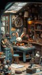 © projek - A whimsical rabbit in a cozy, cluttered workshop filled with jars.