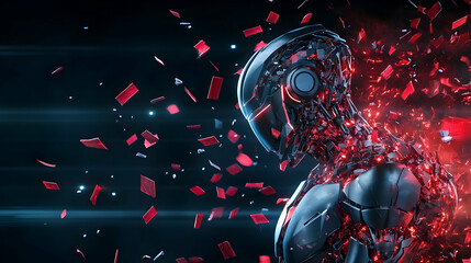 disintegrating robot, futuristic scene, dark background, ai concept, science fiction illustration