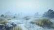© projek - Foggy landscape with rocky formations and sparse grass.