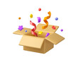 © olenago - Surprise box with confetti vector 3d icon. Mystery gift concept. Cardboard parcel with festive decoration inside