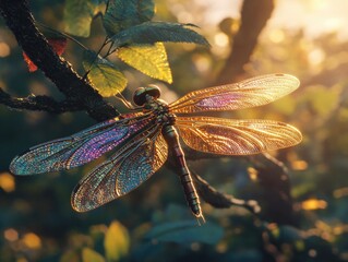 Wall Mural - Dragonfly on tree branch