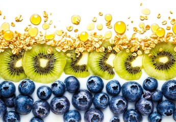 Wall Mural - Honey, oats, kiwi, and blueberries arranged artistically on white background.