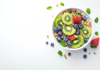 Wall Mural - Healthy breakfast bowl with granola, kiwi, strawberries, and blueberries.