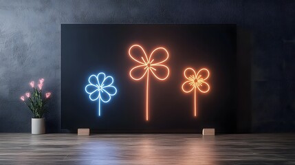 Aufkleber - Captivating digital artwork showcasing a modern  interpretation of glowing neon flowers set against a sleek  dark canvas  creating a soft  ethereal and mesmerizing impression  The vibrant