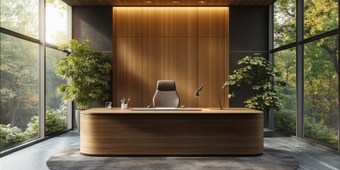 Wall Mural - Modern office, wood desk, forest view