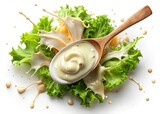 Creamy Caesar Dressing Splash & Spill, Flat Lay, Isolated White Background