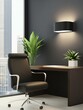© padungsak - A modern office space featuring a sleek desk, ergonomic chair, and decorative plants, illuminated by a stylish wall lamp.