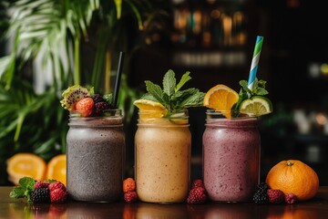 Wall Mural - Three mason jars of colorful fruit smoothies garnished with fresh fruit and mint.