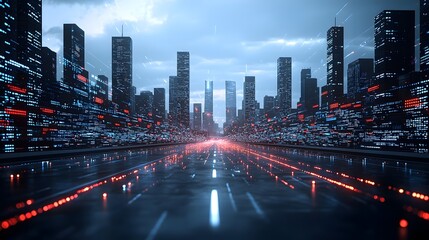 Fototapete - Futuristic digital cityscape with seamless glowing data streams flowing through a modern sleek urban design  Vibrant neon lights and abstract geometric patterns create a dynamic