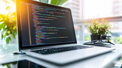 Programmer coding on laptop, bright office, plants background; website development