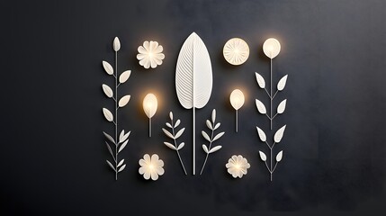 Poster - Glowing botanical elements arranged in a symmetrical modern and design on a dark background creating a serene and elegant visual composition
