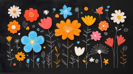 Aufkleber - Glowing floral patterns with intricate elegant designs on a rich black background in a style  This digital features a vibrant dynamic composition of stylized botanical elements