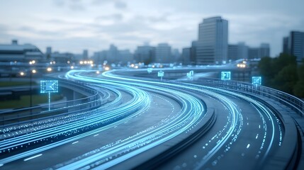 Fototapete - Illuminated virtual cityscape with glowing data lines flowing dynamically showcasing the modern connectivity and advanced technology of a futuristic metropolitan area