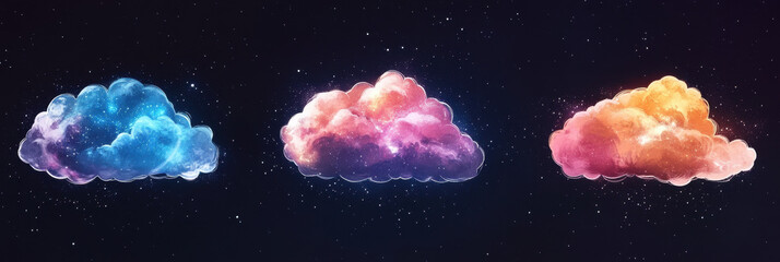 Wall Mural - Cosmic Clouds:  Three vibrant clouds in shades of blue, pink, and orange glow against a dark, starry backdrop, evoking a sense of ethereal beauty and otherworldly wonder. 