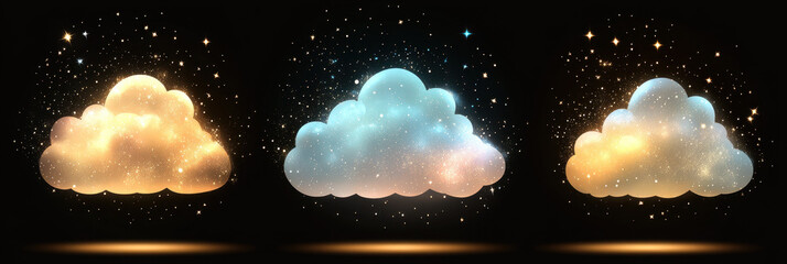 Wall Mural - glowing cloud trio: three luminous clouds, in shades of gold and light blue, radiate a soft, etherea