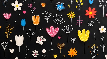 Poster - Mesmerizing floral patterns with vibrant neon glow effects seamlessly combined on a striking black background