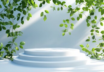 Wall Mural - white tiered display platform with green foliage and sunlight.