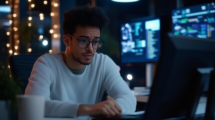 Focused programmer coding late at night in a modern office with large monitors displaying data