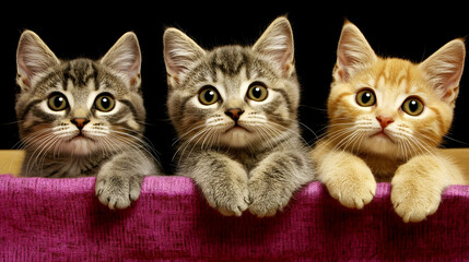 Naklejka na meble Three cute kittens peering over a purple cloth in a box against a black background; perfect for pet adoption websites