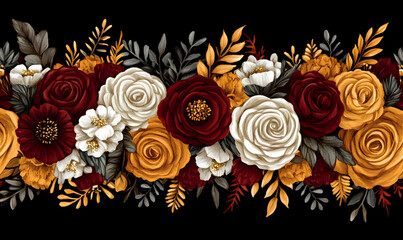 Wall Mural - Dark floral border, autumn colors, seamless pattern, design element