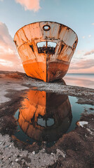 Sticker - Sunlit rusting shipwreck beach reflection sunset