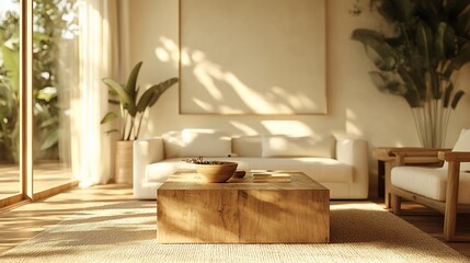 Wall Mural - Sunlit living room, tropical view, minimalist design, calm atmosphere, home decor