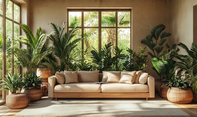 Canvas Print - Sunlit living room, tropical plants, beige sofa, window view, home decor