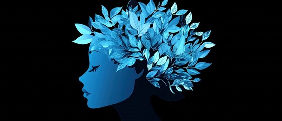 Canvas Print - serene blue woman silhouette adorned with leaves
