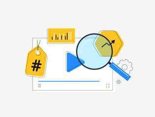 Wall Mural - video seo illustration with search bar, hashtags, analytics charts and magnifying glass. seo video o