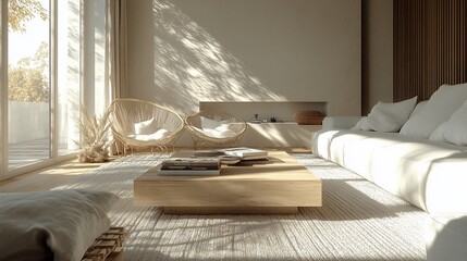 Wall Mural - Sunny living room, minimalist design, neutral tones, natural light, peaceful atmosphere, home decor