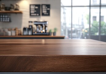 Wall Mural - Empty wooden table in blurry coffee shop background. (1)