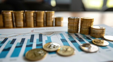 Coins and financial charts represent investment growth and economic analysis.