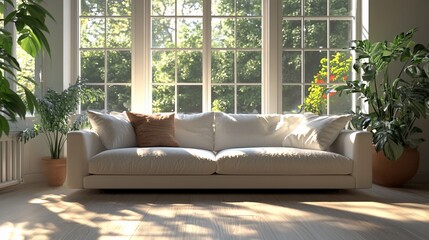 Canvas Print - Sunny living room, sofa, plants, window view, relaxation