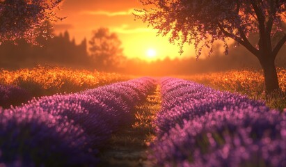 Wall Mural - sunset over vibrant lavender fields.