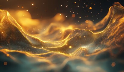 Canvas Print - Golden abstract waves with particles.