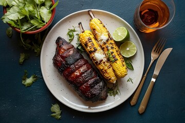 Wall Mural - barbecue and grilled corn with cheese and lime on plate