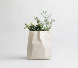 Wall Mural - Fresh herbs in a beige paper bag on white background.