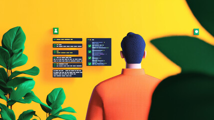 software developer brainstorming ideas in vibrant workspace with code