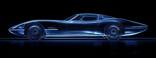 Wall Mural - blue translucent sports car profile on black background.